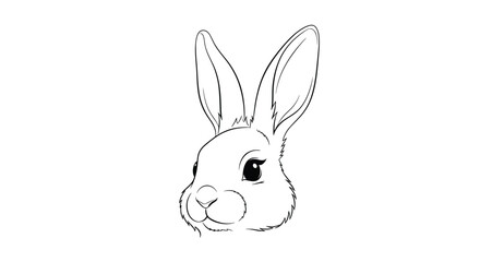 Fototapeta premium Detailed black and white sketch of a rabbit head with long ears and expressive eyes in a delicate line art style on a white background.