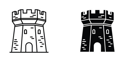 Medieval Tower Outline and Silhouette Isolated on White Background Symbolizing History and Strength © ModernStock