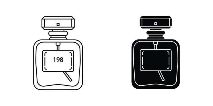 Elegant perfume bottle outline and silhouette with label showing '198' on a clean white background