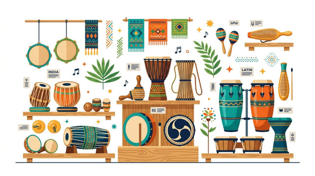 Traditional ethnic percussion instruments vector illustration with indian drums, tabla, dholak, african djembe, latin congas, bongos, and maracas on wooden shelves