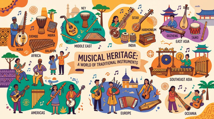 Obraz premium Musical heritage world traditional instruments vector illustration with ethnic people playing cultural music from Africa, Asia, Europe, Americas, and Oceania