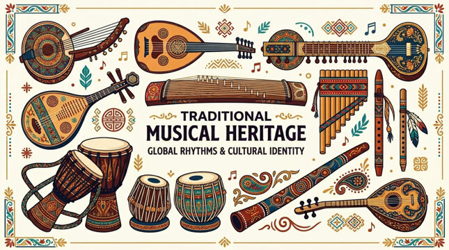 Traditional musical heritage banner vector illustration with global cultural instruments, ethnic rhythms symbols, and decorative ornamental patterns