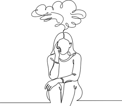 Woman with tangled thoughts cloud, anxiety, depression, mental health, single line art
