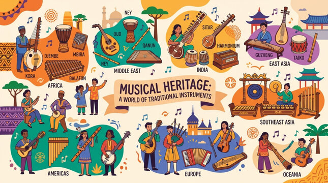Musical heritage world traditional instruments vector illustration with ethnic people playing cultural music from Africa, Asia, Europe, Americas, and Oceania