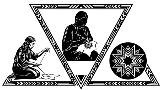 Native American women embroidering leather with porcupine quills and morning star geometric pattern silhouette vector illustration set