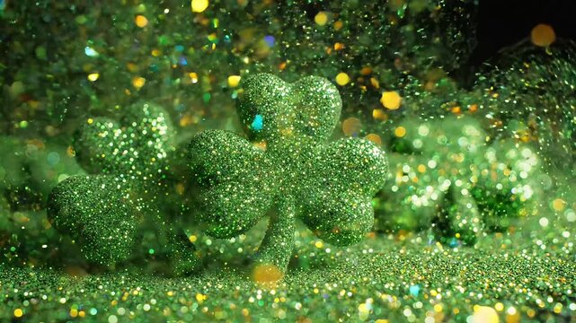 Green glittery shamrocks, St. Patrick's Day decorations, sparkly four-leaf clover, emerald confetti