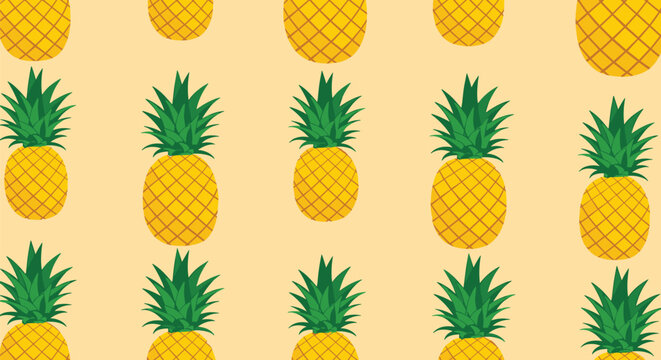 Organized pattern of whole pineapples with green leaves arranged in rows on a light orange or peach colored background.