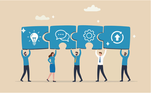 Team collaboration for success, teamwork or cooperation, employee participation or organization, partnership work together, career growth concept, business people employee connect arrow jigsaw puzzle
