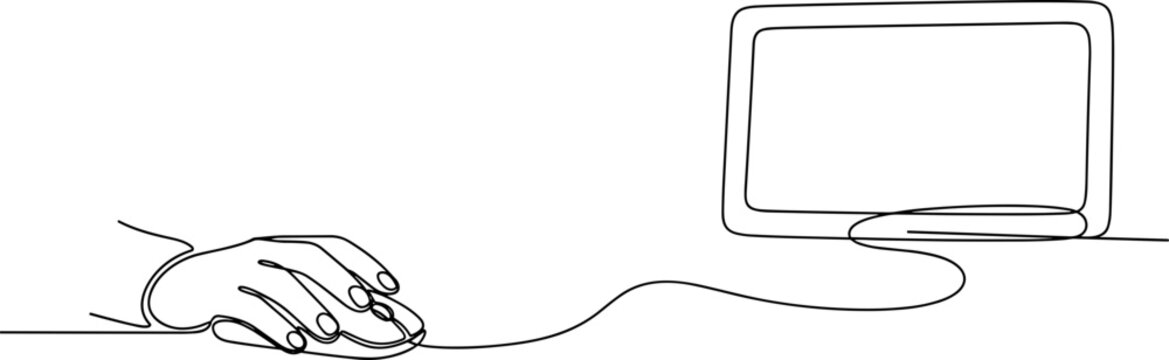 Continuous line drawing of a hand operating a computer mouse next to a monitor.