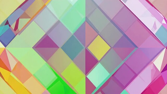 Colorful geometric diamond pattern background in pastel shades. Abstract 3D low poly mosaic texture with pink, green, and purple colors for modern creative design and digital art.