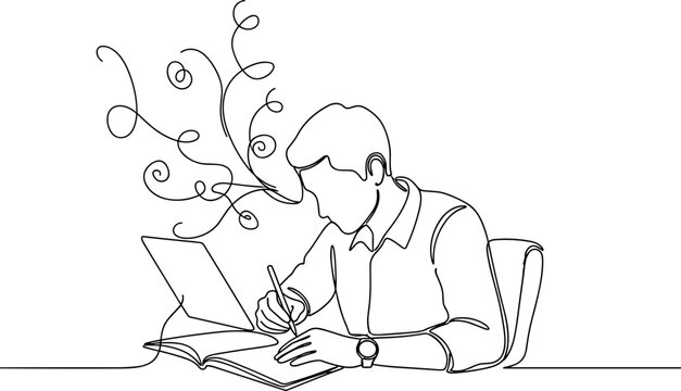 Man writing with inspiration flowing from his head, continuous line art
