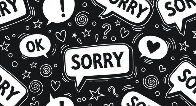 Black and white seamless pattern featuring sorry speech bubbles among various hearts, stars, swirls, and doodles.