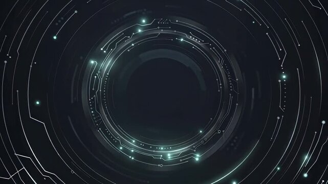 Futuristic circular HUD interface with glowing nodes and digital circuit lines on a dark background. Concept of advanced technology, AI core, and cyberspace.