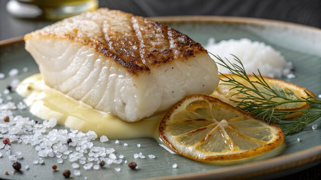 Photorealistic macro cod loin crisp skin beurre blanc charred lemon fennel seafood detail fine dining shot