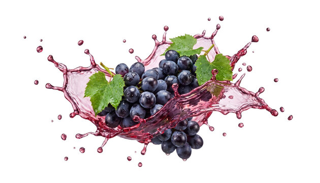 Juicy Grape Splash: A vibrant cluster of ripe, dark grapes bursts forth, sending a refreshing splash of deep purple juice into the air, adorned with fresh green leaves.