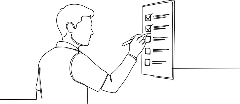 Man checking off items on a checklist with a pen, minimalist line art