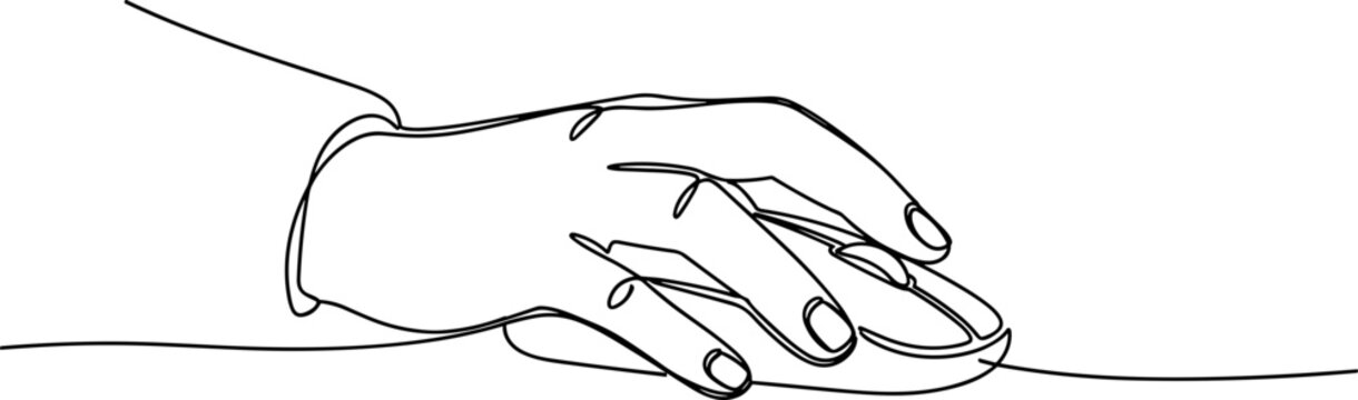 Minimalist line art of a hand operating a computer mouse, white background
