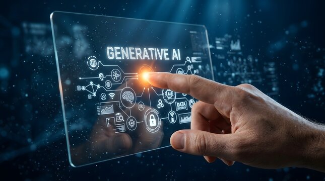 Hand interacting with generative AI interface on transparent digital screen with futuristic technology dashboard