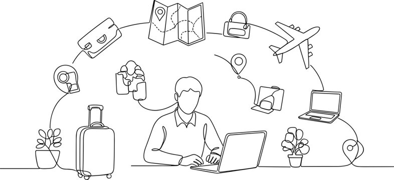 Man planning travel online with laptop, surrounded by travel essentials and icons.