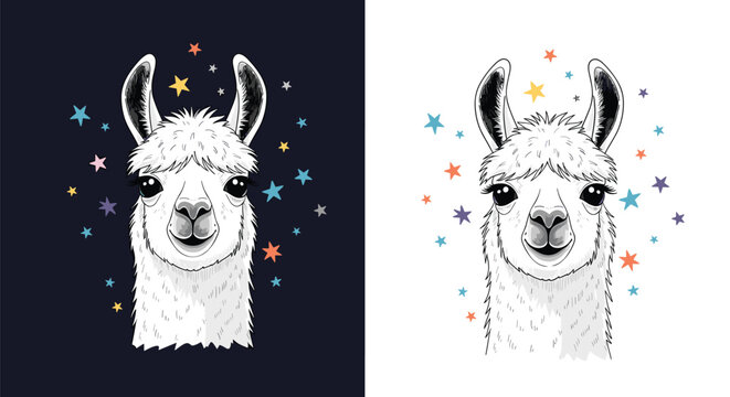 Cute llama or alpaca portrait set with colorful stars on dark and white backgrounds for nursery and kids apparel design projects.