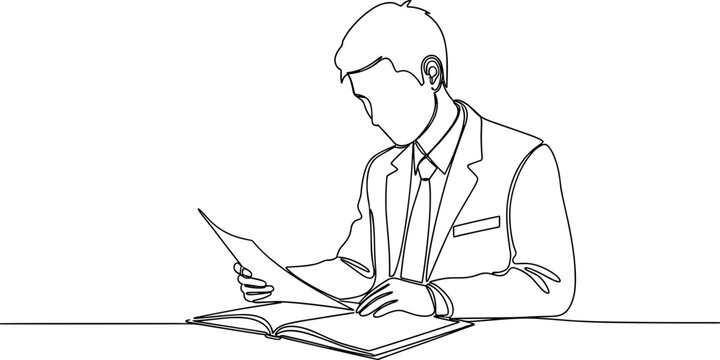 Continuous line drawing of a businessman reading a book and documents at a desk.