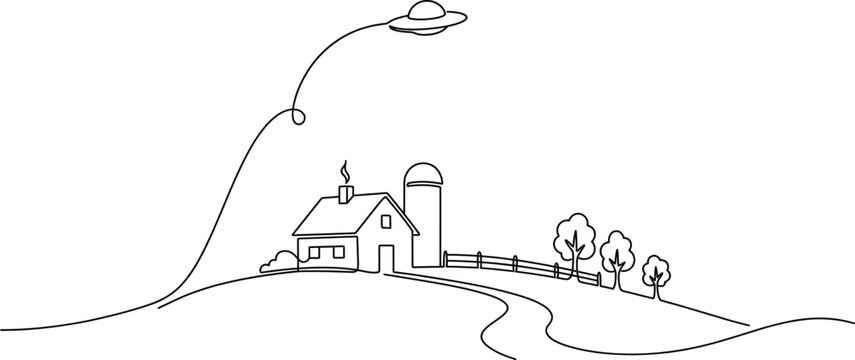 Modern Monoline Wall Art Print Template Showcasing a Country Farmhouse and Silo Below a Mystical Hovering Flying Saucer