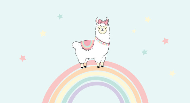 Cute white llama with a pink bow and saddle standing on a pastel rainbow surrounded by stars on a light blue background.