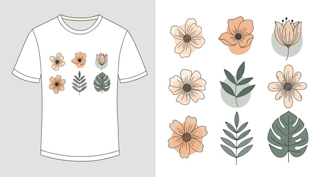 White t shirt mockup featuring a botanical flower and leaf print alongside the separate design elements set on white background.