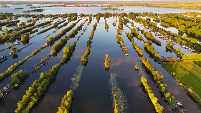 Aerial drone view the harbour of Scheendijk Loosdrechtse Plassen, a floating village in the Netherlands at sunset. High quality 4k footage