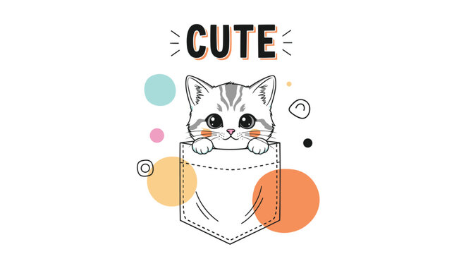 Sweet cartoon kitten peeking out of a white shirt pocket with colorful abstract circles and the word cute above its head.