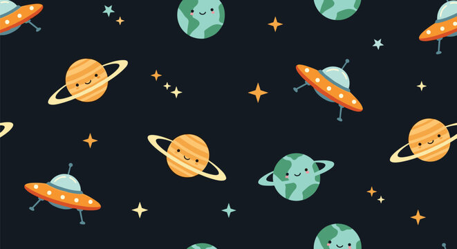 Whimsical seamless space pattern featuring smiling planets like earth and saturn along with orange ufo spaceships and twinkling stars.