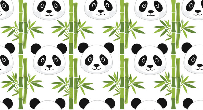 Lovely seamless pattern featuring cute cartoon panda bear faces and green bamboo stalks on a minimalist white background for kids design.