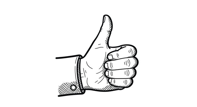 Detailed black and white sketch of a hand in a suit sleeve giving a thumbs up gesture as a symbol of approval and success.