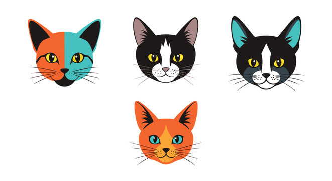 Set of five different cartoon cat head illustrations with various fur colors and eye patterns isolated on a clean white background.