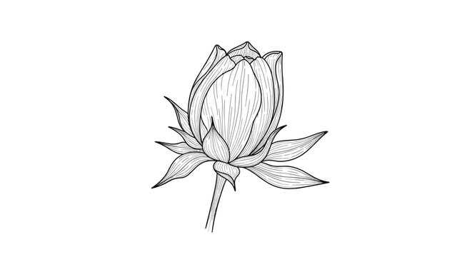 Exquisite hand drawn line art illustration of a closed lotus flower bud showing delicate details of petals and stem on white background.