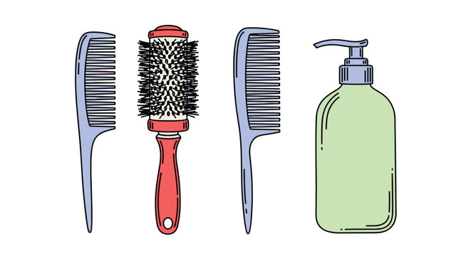 Collection of hair care tools including two blue combs a red round brush and a green bottle of shampoo or lotion in a flat style.