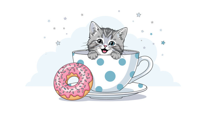 Adorable grey kitten sitting inside a blue polka dot tea cup with a pink glazed donut and stars on a soft blue cloud background.