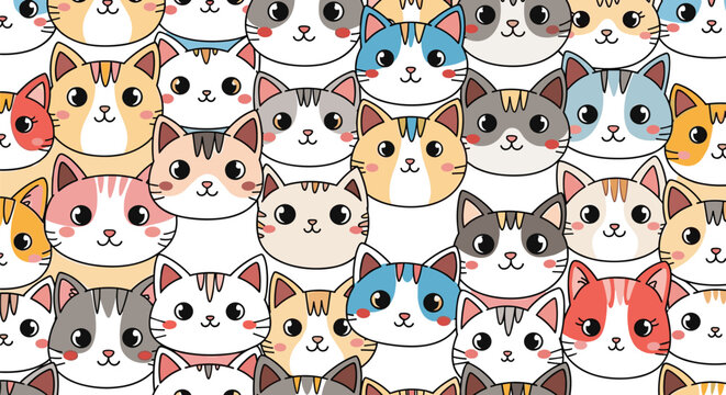 Crowded seamless pattern featuring many cute and diverse cartoon cat faces with various colors and expressions for pet lovers.