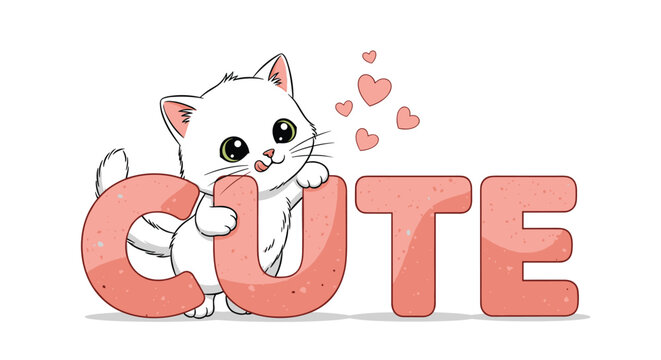 Sweet white kitten peeking from behind the large pink letters of the word cute with small floating hearts on a white background.