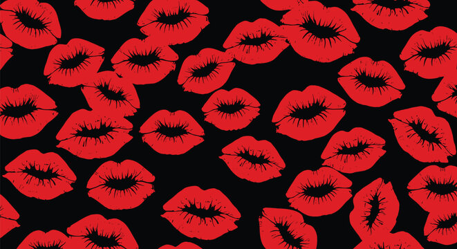 Bold and sexy seamless pattern featuring many red lipstick kiss prints scattered on a solid black background for fashion and makeup themes.