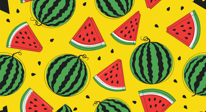 Bright summer seamless pattern featuring whole green watermelons and red slices with black seeds on a vibrant yellow background.