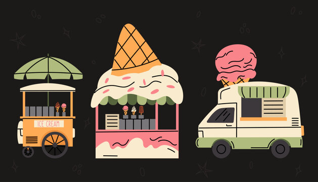 Cute ice cream shop set. Cart, stall and food truck, hand drawn illustration. Summer dessert. Ice cream truck on a dark background.