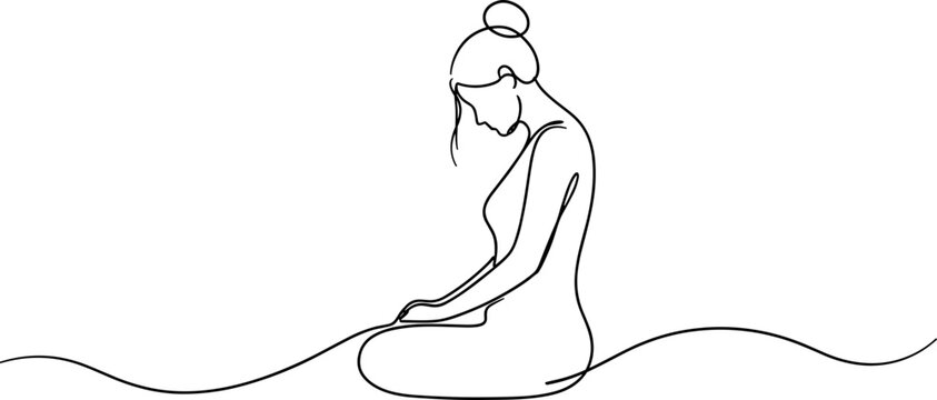 Minimalist line art of a woman meditating or praying, simple elegant design.