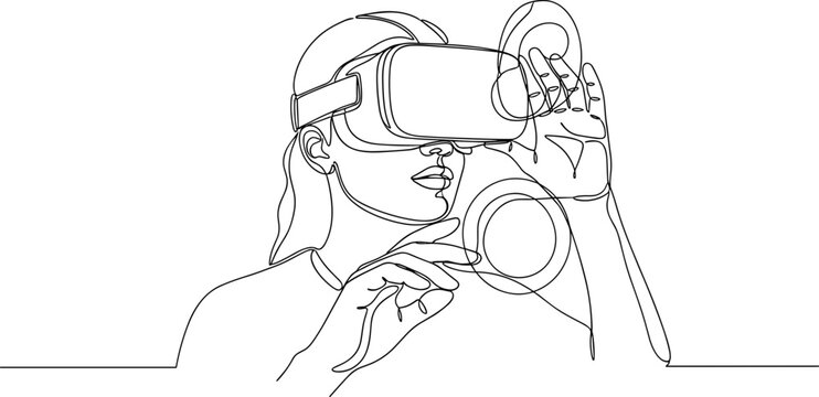 Continuous line drawing of a person wearing VR headset and holding controllers