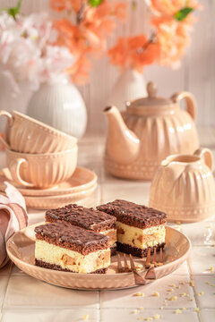 Delicious ans soft sponge cake with fluffy cream and glaze.