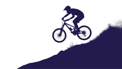 Fototapeta premium Mountain biker descends a steep rugged slope with great speed in this clean dark purple silhouette.