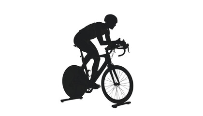 Fototapeta premium Triathlete silhouette pedaling on a stationary indoor trainer highlights intense focus during training.