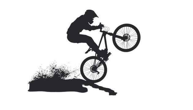 Mountain biker performs an impressive wheelie trick on a rugged dirt trail against a plain background.