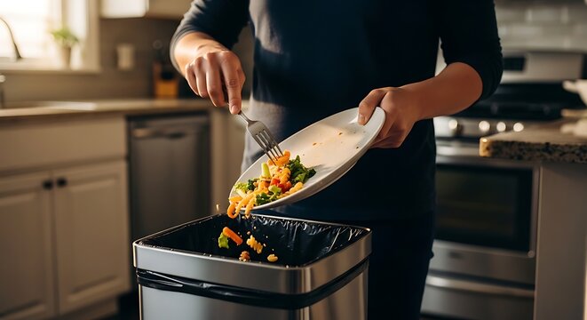 A person scraping leftover pasta and vegetables from a white plate into a stainless steel kitchen trash can, food waste and sustainability concept