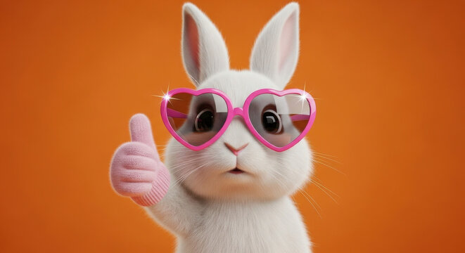 A charming and adorable white rabbit wearing stylish pink heart-shaped glasses while giving a friendly thumbs-up gesture against a solid, vibrant orange background in a high-quality studio portrait.
